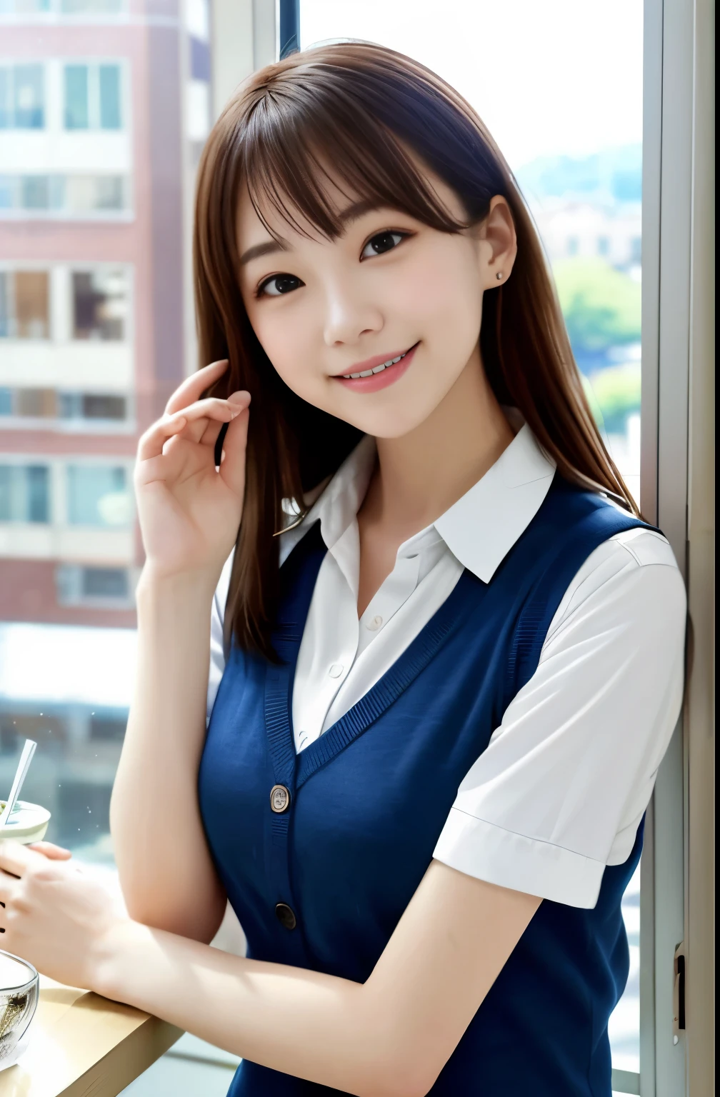 1人、a matural female、vests、、逼真、top-quality、adopt、A detailed face、a smile:1.5、Brown hair、s Office、Building from the window、细致背景、Diffused sunlight、depth of fieldokeh、Face when you are with someone you like、1.25、perfect