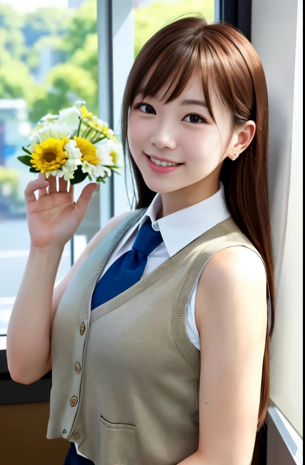 女の子1人、a matural female、vests、、逼真、top-quality、adopt、A detailed face、a smile:1.5、Brown hair、s Office、Building from the window、细致背景、Diffused sunlight、depth of fieldokeh、Face when you are with someone you like、1.25、perfect