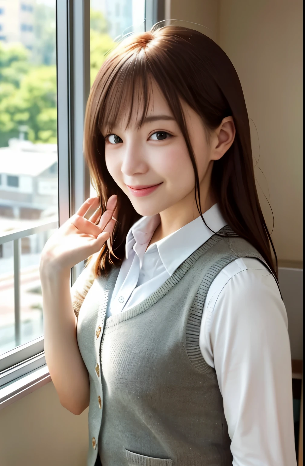 女の子1人、a matural female、vests、、逼真、top-quality、adopt、A detailed face、a smile:1.5、Brown hair、s Office、Building from the window、细致背景、Diffused sunlight、depth of fieldokeh、Face when you are with someone you like、1.25、perfect