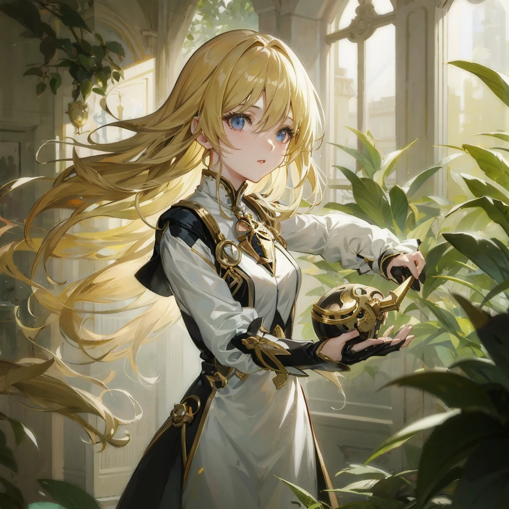 Anime girl with long blond hair holding a skull in the room, cushart krenz key art feminine, portrait knights of zodiac girl, Key Anime Art, blonde anime girl with long hair, inspired by Li Chevalier, detailed Key Anime Art, Ayaka Genshin Impact, Violet Evergarden, keqing from genshin impact, Artorian Pendragon