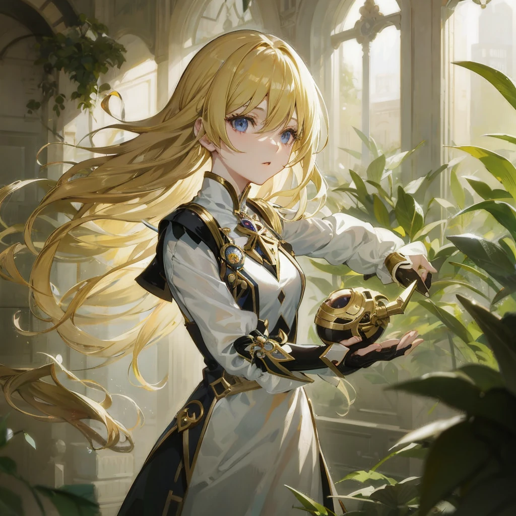 Anime girl with long blond hair holding a skull in the room, cushart krenz key art feminine, portrait knights of zodiac girl, Key Anime Art, blonde anime girl with long hair, inspired by Li Chevalier, detailed Key Anime Art, Ayaka Genshin Impact, Violet Evergarden, keqing from genshin impact, Artorian Pendragon