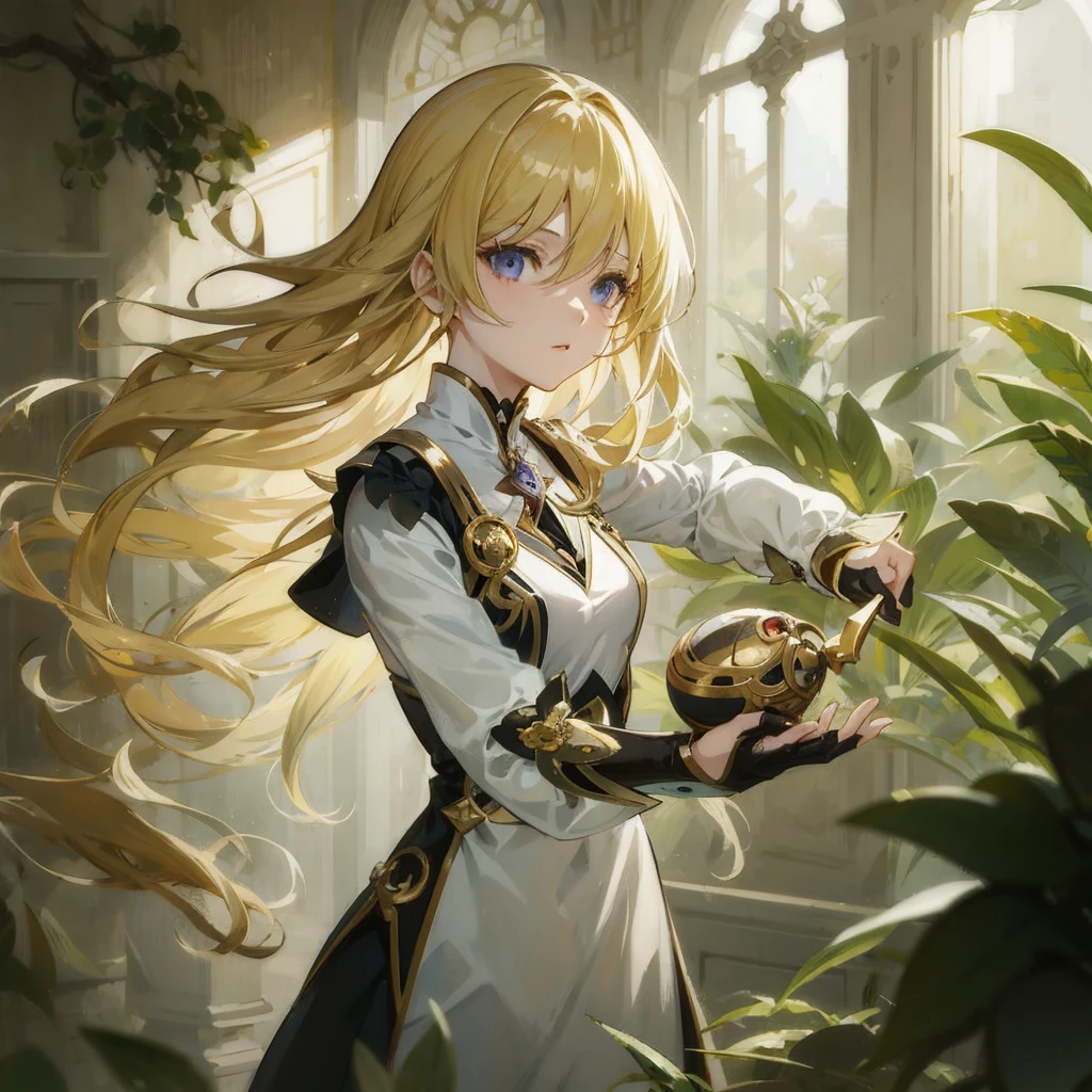 Anime girl with long blond hair holding a skull in the room, cushart krenz key art feminine, portrait knights of zodiac girl, Key Anime Art, blonde anime girl with long hair, inspired by Li Chevalier, detailed Key Anime Art, Ayaka Genshin Impact, Violet Evergarden, keqing from genshin impact, Artorian Pendragon