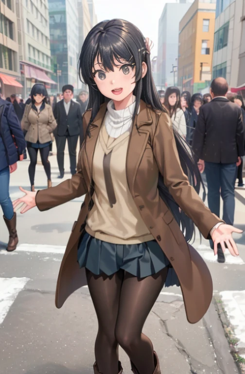 (masutepiece,Best Quality, Detailed), 1girl in, Solo Focus, Outdoors, Street, ((Large crowds)), day, Smile, Open mouth, sakurajima mai, gray coat，green long sweater，shortpants，Black tights，Short boots，In the street