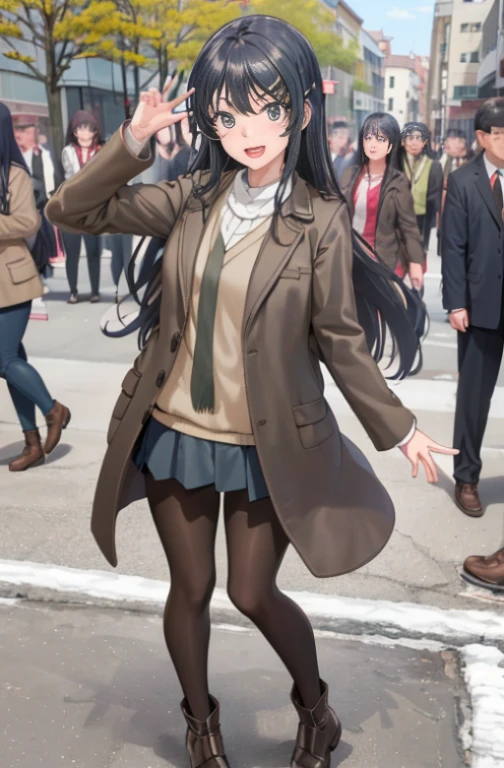 (masutepiece,Best Quality, Detailed), 1girl in, Solo Focus, Outdoors, Street, ((Large crowds)), day, Smile, Open mouth, sakurajima mai, gray coat，green long sweater，shortpants，Black tights，Short boots，In the street