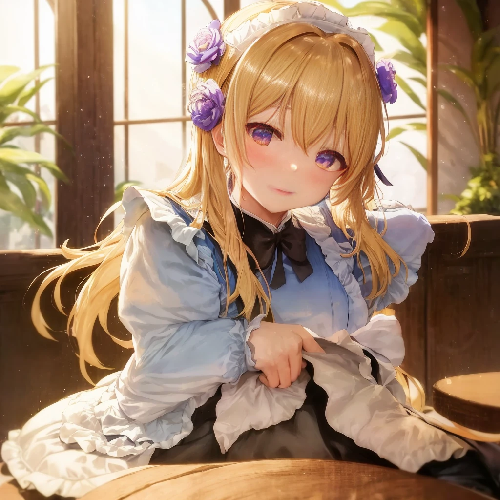 anime girl sitting at a table with a plate of food, anime girl in a maid costume, Violet Evergarden, guweiz on pixiv artstation, guweiz on artstation pixiv, Cute anime waifu in a nice dress, anime visual of a cute girl, gorgeous maid, maid clothes, Trending on ArtStation pixiv, ( woman samurai ) girl, Rin