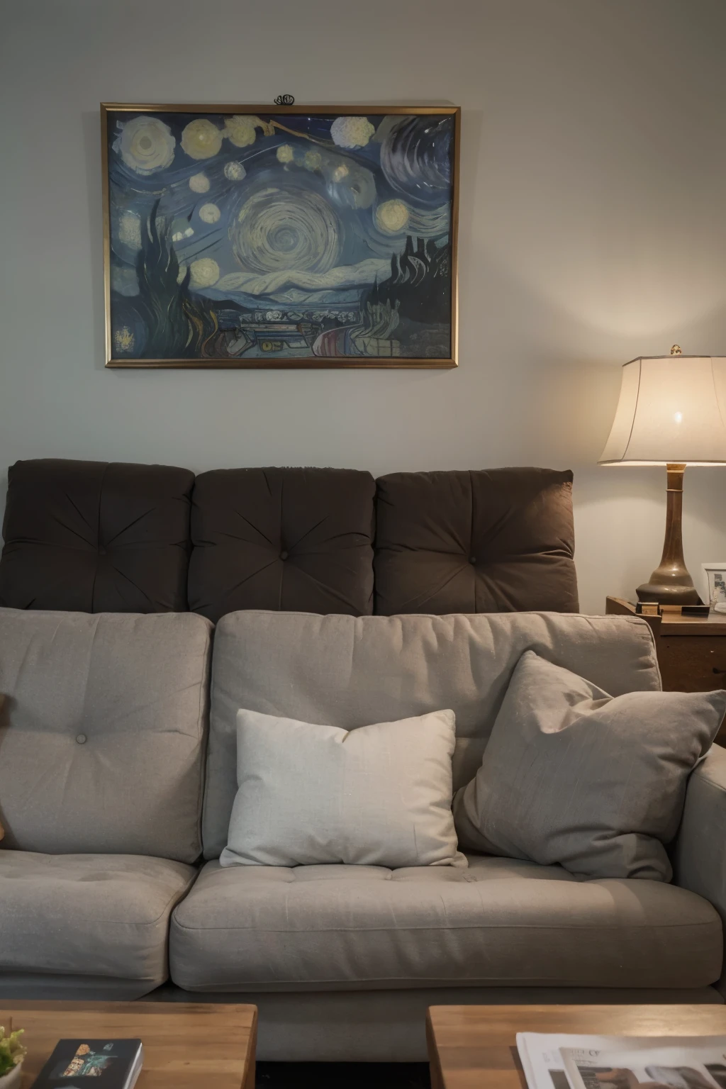 Create an interior design style scene with the objective of choosing the color of a sofa on a background with a gray burnt cement effect wall. The sofa must have the best possible combination on the wall, with a framed painting of Van Gogh, Starry Night, in the center of it..