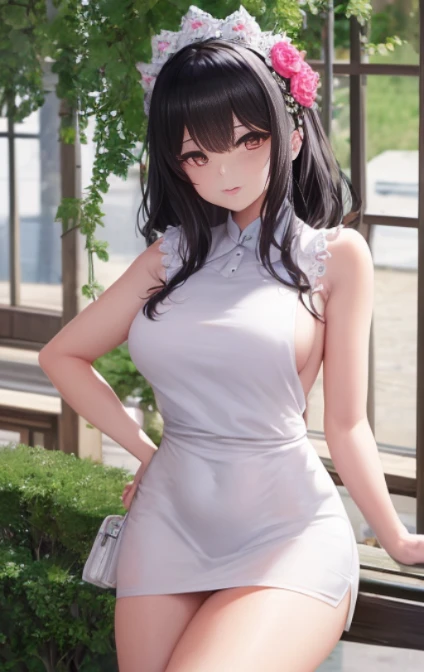 1 Young girls, 独奏, White polo shirt, White sneakers, 
, white mini-skirt, tmasterpiece, Best quality at best, realistically, ultra - detailed, (shiny skins, perspired:1.4), Huang Li, looking at viewert, with short black hair, with brown eye,slenderness,Dynamic light and shadow,A high resolution,Focus sharp,depth of fields,The eyes are delicate,Sharp pupils,student reality,(Bigchest:1.6),(upper legs粗:1.0),luring,sky sky，ultra - detailed，tmasterpiece，Best quality at best，love letter，blush blush，Yazawa Nico,red eyes, On the cheongsam,face flushed,Blunt hair,On the ground, upper legs，chubbiness，ssmile，both hands on hip，Frontal viereet，Flower headdress