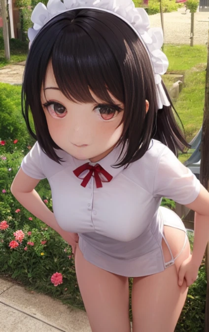 1 Young girls, 独奏, White polo shirt, White sneakers, 
, white mini-skirt, tmasterpiece, Best quality at best, realistically, ultra - detailed, (shiny skins, perspired:1.4), Huang Li, looking at viewert, with short black hair, with brown eye,slenderness,Dynamic light and shadow,A high resolution,Focus sharp,depth of fields,The eyes are delicate,Sharp pupils,student reality,(Bigchest:1.6),(upper legs粗:1.0),luring,sky sky，ultra - detailed，tmasterpiece，Best quality at best，love letter，blush blush，Yazawa Nico,red eyes, On the cheongsam,face flushed,Blunt hair,On the ground, upper legs，chubbiness，ssmile，both hands on hip，Frontal viereet，Flower headdress