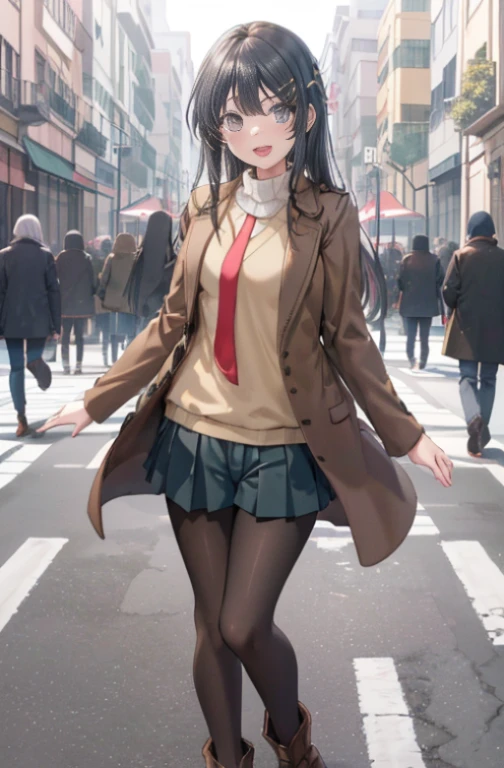 (masutepiece,Best Quality, Detailed), 1girl in, Solo Focus, Outdoors, Street, ((Large crowds)), day, Smile, Open mouth, sakurajima mai, gray coat，green long sweater，shortpants，Black tights，Short boots，In the street