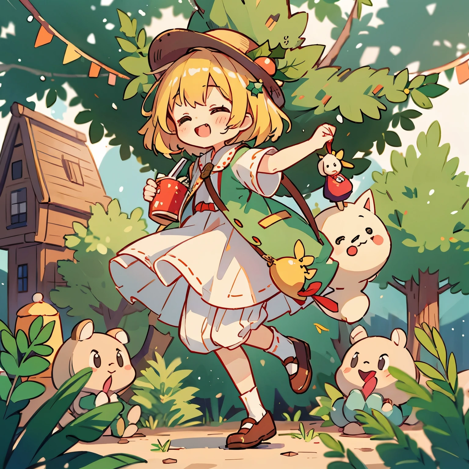 longshot、jumpping、Doll wearing a dress and straw hat、pop-up parade figures、anime figure、Christmas tree on background、Strong bokeh、Opens mouth and laughs、has a handbell in hand、Cute shoes with holly design