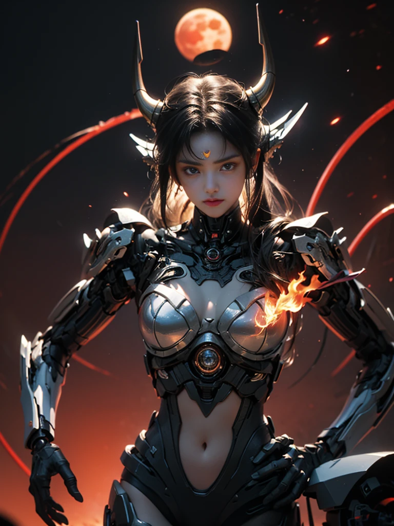 A horned demon with bright red wings descends from the sky, (Most Best Illustration), beautiful effects, vivd colour, Body made of dragon scales, Dragon Godson、Ray traching, On the table, Best quality at best, Super quality, Ridiculously detailed light), (The best shadow), Sharp, Sharp Images, Detailed pubic hair, The is very detailed, A high resolution, 8K, 4K, north african free trade area, Volumetric, Detailed pubic hair black armor, (Particle effects), creative image background、it integrates with the machine、The body is made of machines、The body is a machine、A woman with ultra-detailed and beautiful porcelain contours、Cyborg、cyborg robot parts、150mm、Beautiful studio soft lighting、rim-light、vivd details、Luxury cyberpunk、Ren Hao、Surreal、Anatomical、face muscles、Cable Electrical Wire、micro Chip、Elegant、Beautiful background red full moon、Artificial Intelligence Painting by Sea Art、It depicts a fascinating image of Yin and Anax qualities, Beautiful design, The best lighting, Better shading effect).high-heelrom below the knee、Anklets、red moon background on red background、red eyes、The flame that burns everything、