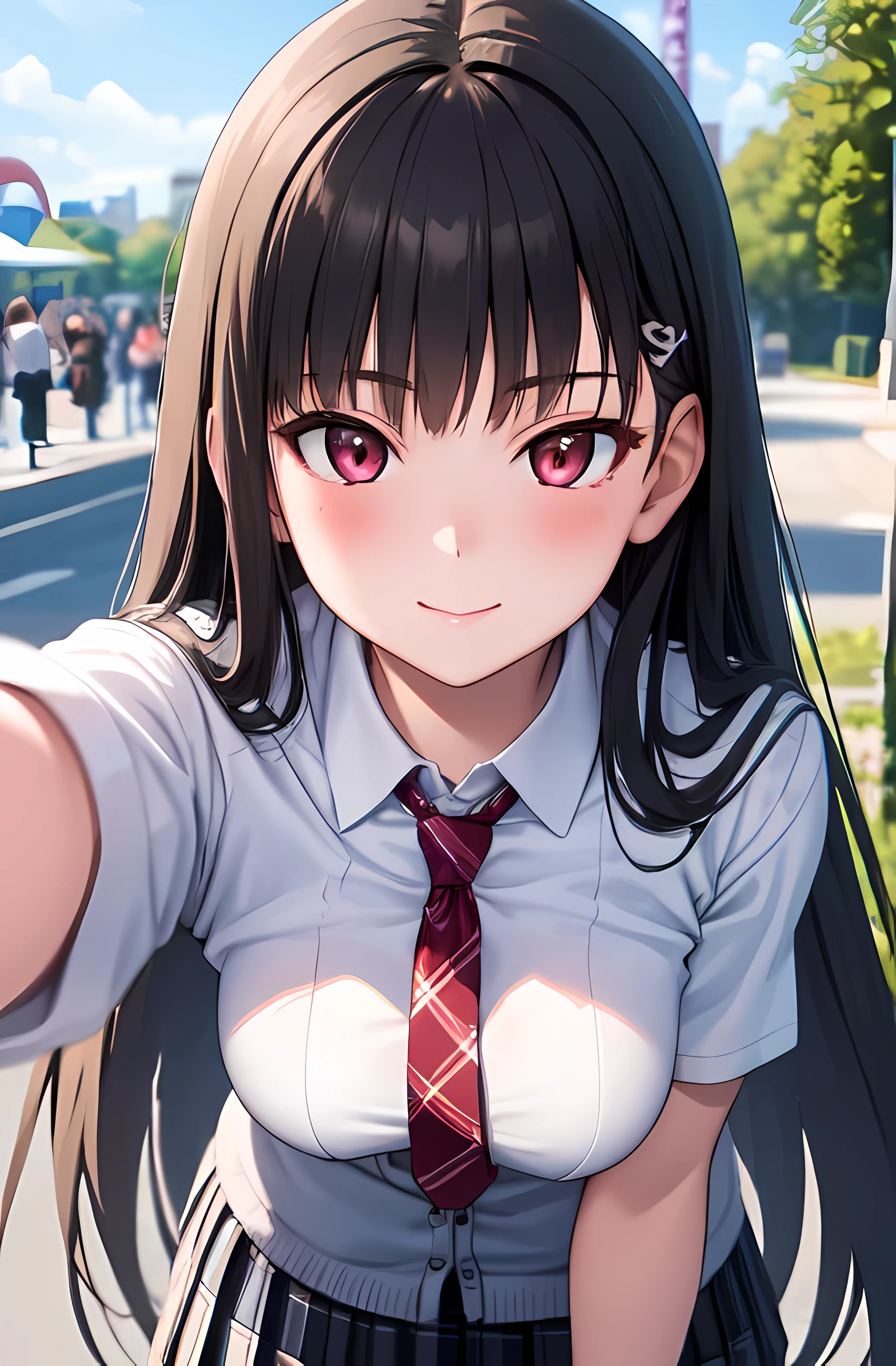 (best quality, masterpiece, ultra-detailed, perfect pixels), (UHD, RTX, 4k wallpaper, japanese anime, CG smooth, textured skin, realistic texture, natural light), 1girl, rio, seductive, busty, perfect body, bangs, long hair, (close-up, pov, dynamic pose), sly smile, beautiful smile, nipslip, medium breasts, blush, (school uniform, jacket, necktie, cardigan, plaid skirt), outdoor, amusement park, leaning forward