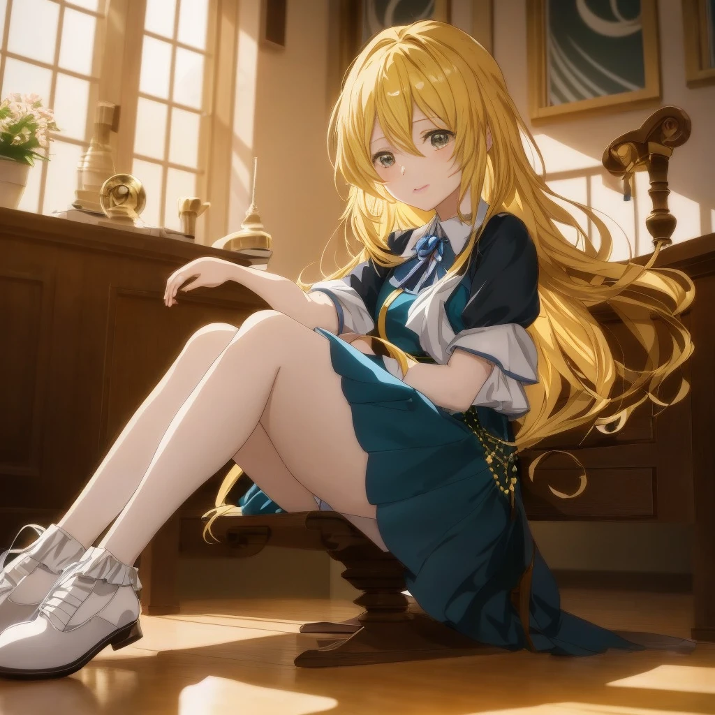 Anime girl sitting on a bench in a room with a window, blonde Anime Girl with Long Hair, Cute anime waifu in a nice dress, Beautiful anime girl, young anime girl, Anime visuals of cute girls, charming anime girls, Anime Girl with Long Hair, Smooth Anime CG Art, beautiful anime high school girl, Anime Best Girl, pretty anime girl, a female anime character