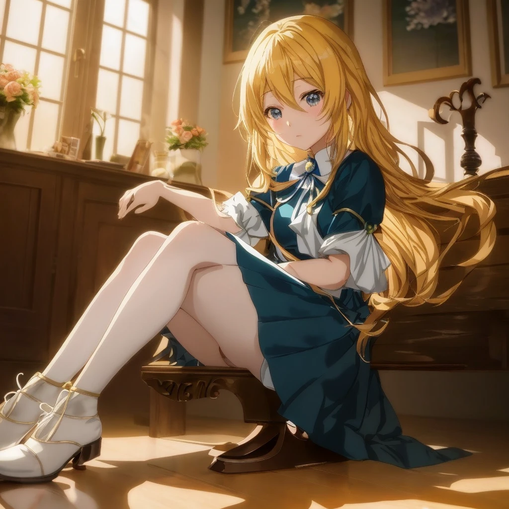 Anime girl sitting on a bench in a room with a window, blonde Anime Girl with Long Hair, Cute anime waifu in a nice dress, Beautiful anime girl, young anime girl, Anime visuals of cute girls, charming anime girls, Anime Girl with Long Hair, Smooth Anime CG Art, beautiful anime high school girl, Anime Best Girl, pretty anime girl, a female anime character
