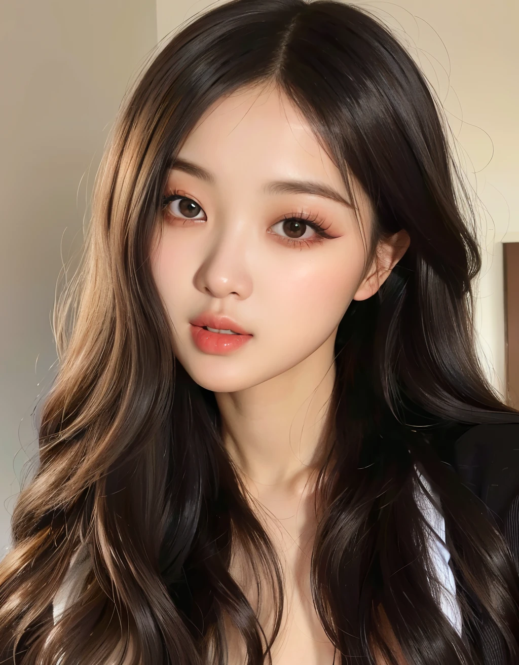 Un primer plano de una mujer con cabello largo con una blusa negra, maquillaje coreano popular, maquillaje popular de Corea del Sur, Joven y adorable rostro coreano, Hermosa mujer surcoreana, Wan adorable cara coreana, Beautiful aesthetic face, Hermosa joven coreana, Rasgos de la cara coreana, Hermosa joven coreana, Chica coreana, con cara redonda, Hermosa cara redonda, con labios muy finos