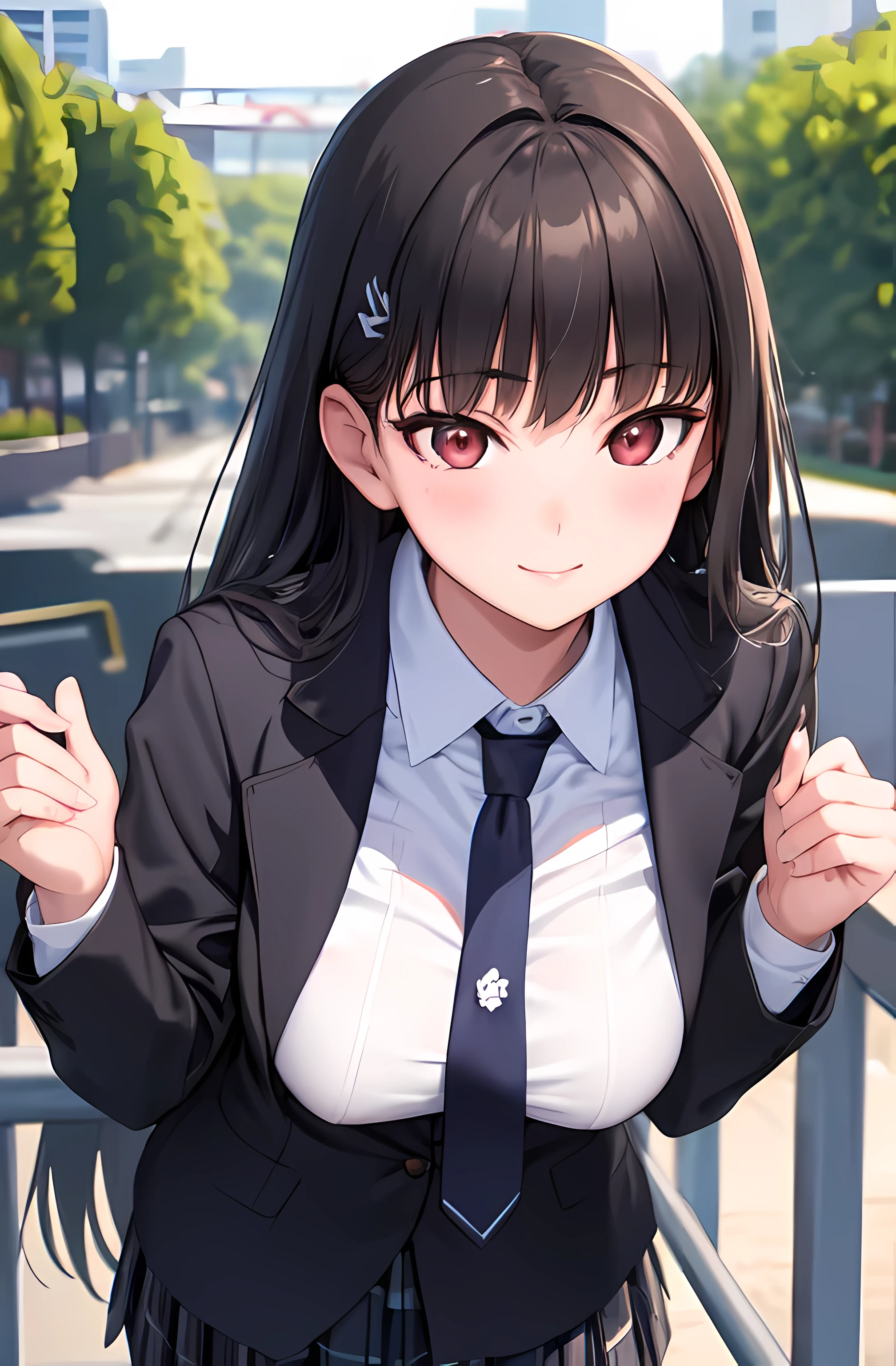 (best quality, masterpiece, ultra-detailed, perfect pixels), (UHD, RTX, 4k wallpaper, japanese anime, CG smooth, textured skin, realistic texture, natural light), 1girl, rio, seductive, busty, perfect body, bangs, long hair, (close-up, pov, dynamic pose), sly smile, beautiful smile, nipslip, medium breasts, blush, (school uniform, jacket, necktie, cardigan, plaid skirt), outdoor, amusement park, leaning forward