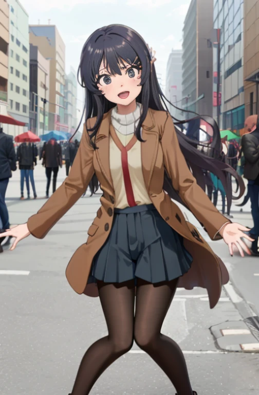 (masutepiece,Best Quality, Detailed), 1girl in, Solo Focus, Outdoors, Street, ((Large crowds)), day, Smile, Open mouth, sakurajima mai, gray coat，green long sweater，shortpants，Black tights，Short boots，In the street