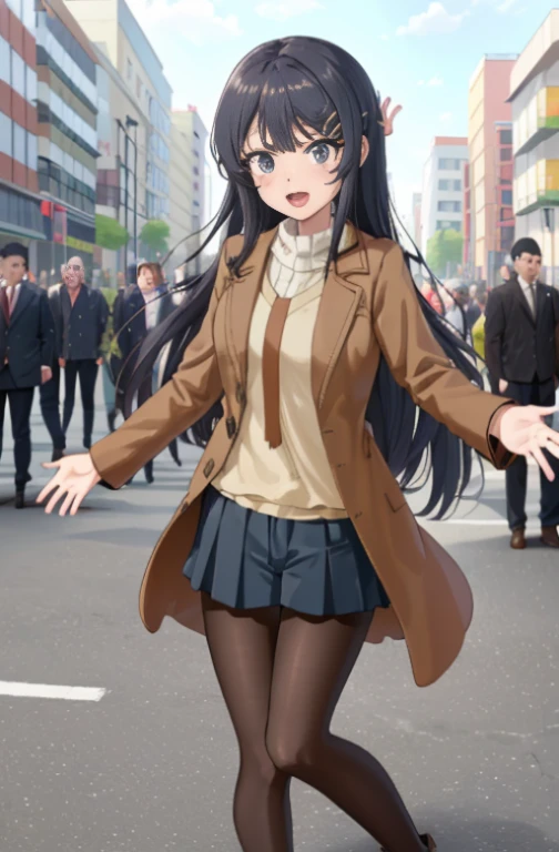 (masutepiece,Best Quality, Detailed), 1girl in, Solo Focus, Outdoors, Street, ((Large crowds)), day, Smile, Open mouth, sakurajima mai, gray coat，green long sweater，shortpants，Black tights，Short boots，In the street