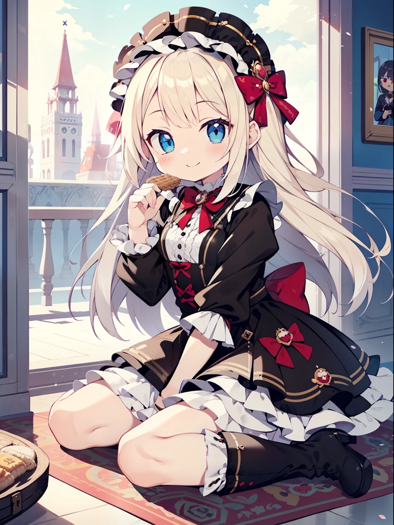 colorido , masutepiece, best quality, 1girl em, Loli, cabelo roxo, mid hair, hair spike, Executiva Feminina Malvada, Gothic Lolita Costume, uma minissaia, Meias brancas, fita vermelha grande, uma gargantilha, interior branco, roupas pretas, sadistic smile, sorriso maligno, botas pretas, Asas de morcego, pequeno, de baixo, Olhando para o Viewer, Elevador de Saia, tiro de calcinha,