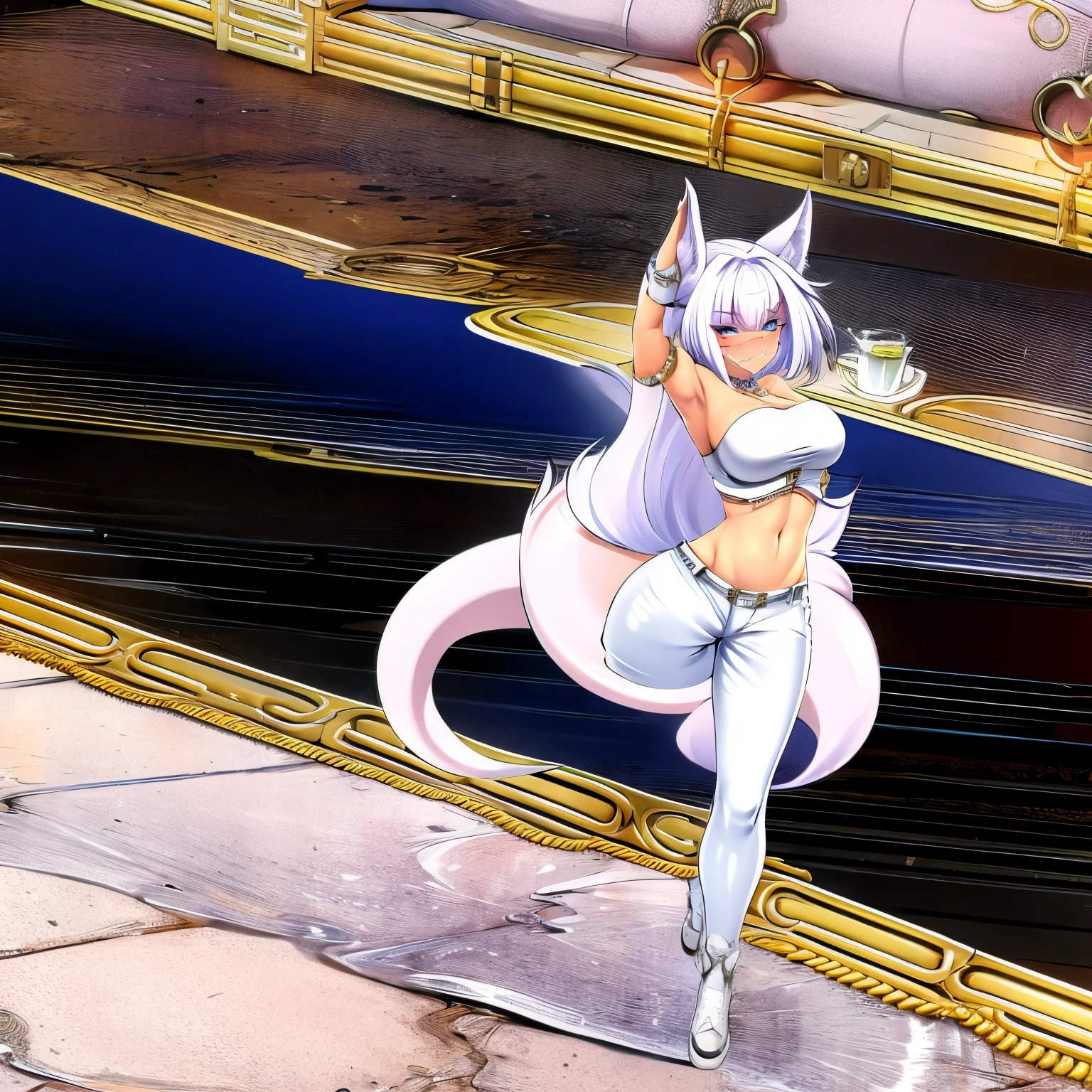 8k resolution, high quality, high resolution, best quality, best resolution, absurd resolution, ray tracing, high detailed, masterpiece, shoulder length white hair, female,white wolf ears, teenage girl, slim body, white scale dragon tail,black combat boots,dark camo pants, black t-shirt, white jacket, medium size chest, detailed blue eyes, beautiful face,solo female