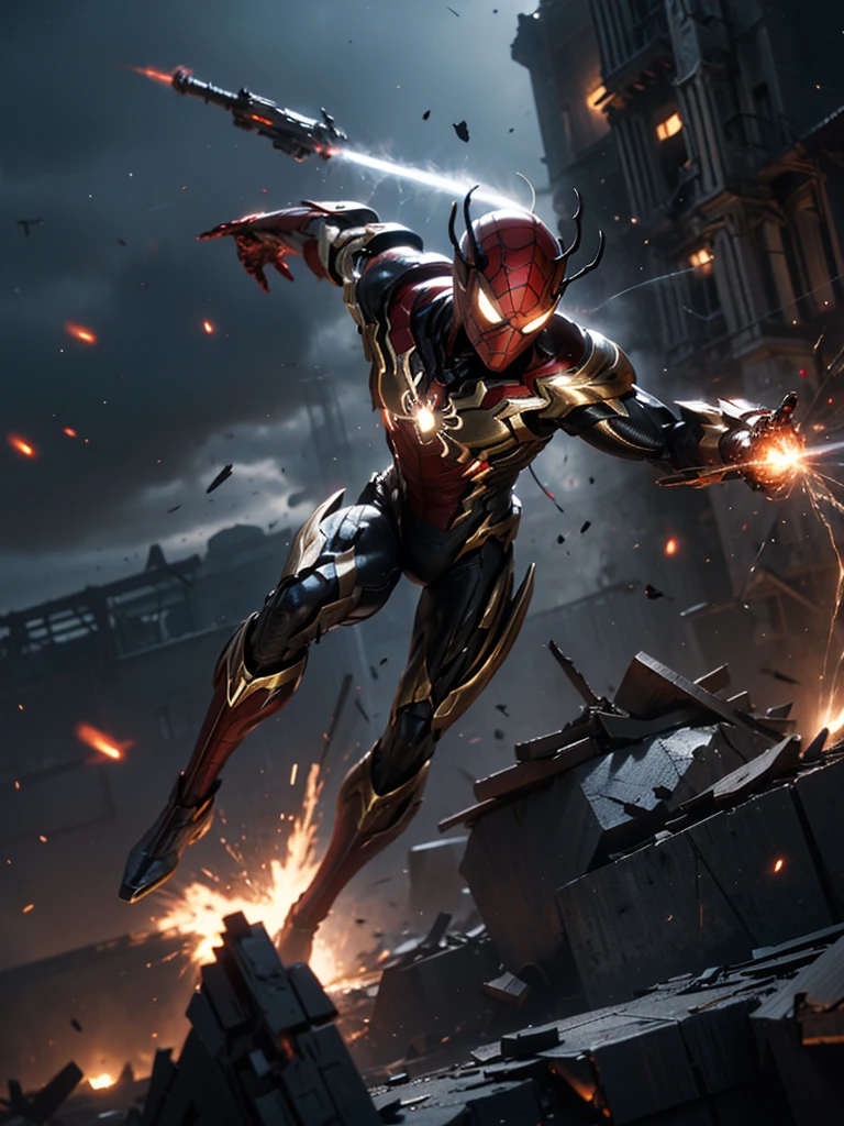 мрачный портрет Marvel《Iron Spider Apocalypse Knight》, The is very detailed, during night, smokes, spark of light, Metal shavings, Flying debris, Energy effect, luz eenvolvente