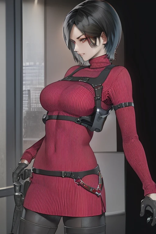 Ada Wong, Red sweater, Police webbing, black hair, asian, black leggings