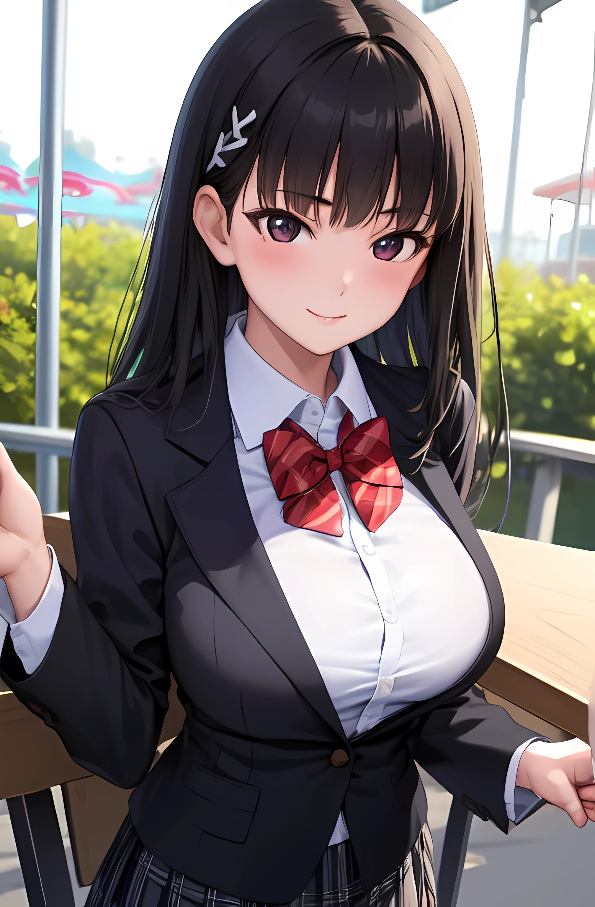 (best quality, masterpiece, ultra-detailed, perfect pixels), (UHD, RTX, 4k wallpaper, japanese anime, CG smooth, textured skin, realistic texture, natural light), 1girl, rio, seductive, busty, perfect body, bangs, long hair, (close-up, pov, dynamic pose), sly smile, beautiful smile, nipslip, medium breasts, blush, (school uniform, red bowtie, cardigan, plaid skirt), outdoor, amusement park