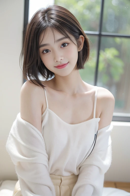 (((masterpiece))), (Two Japan Beautiful Girls, couple focus, classmates, Pure and innocent,kawaii) ,超A high resolution, Realistic, ultra-detailliert, 8K,top-quality, Extremely detailed, Detailed background,A slender,very beautiful japanese girl, Detailed face:1.3), (Boyish short-haired,A dark-haired :1.4), (a baby face,kawaii系,adorable 14 year old girls), (Perfect body:1.1), white Room wear,Babyface Girl,Innocent smile, 複雑にA detailed eye, Soft hair, top-notch quality, High resolution, and photorealistic、Flowing hair, thighs thighs thighs thighs、rosy cheeks、Hair that flutters in the wind、sexy pose, Please show me your beautiful teeth,Bursting smile, beautiful off shoulder clavicle、Scrunchie,Super Detailed Face、Detailed lips、A detailed eye、small gravure idol,Transparent skin