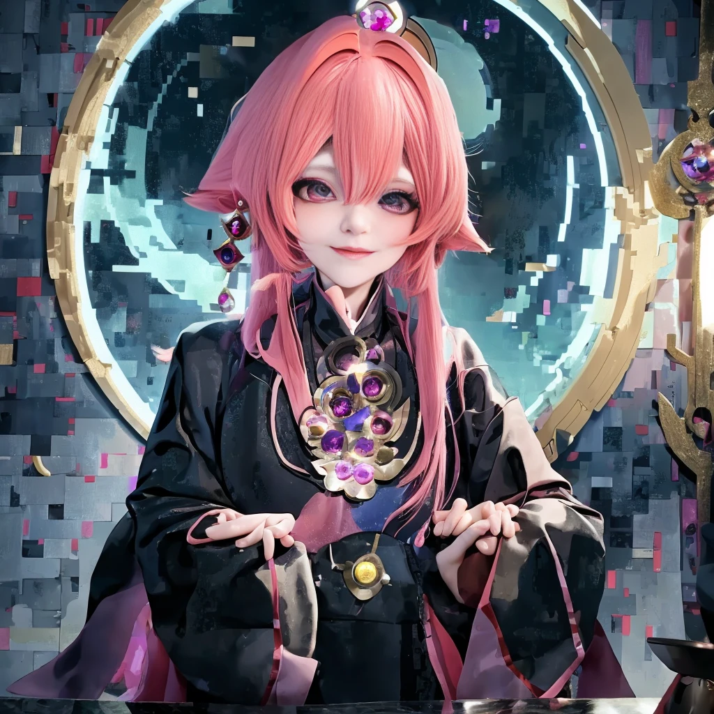 Anime girl with pink hair and a black cloak sitting at a table, portrait of a mage, alchemist girl, best anime 4k konachan wallpaper, 女portrait of a mage, beautiful celestial mage, he is in a alchemist lab, keqing from genshin impact, flirty anime witch casting magic, a young female wizard, closeup portrait of an mage