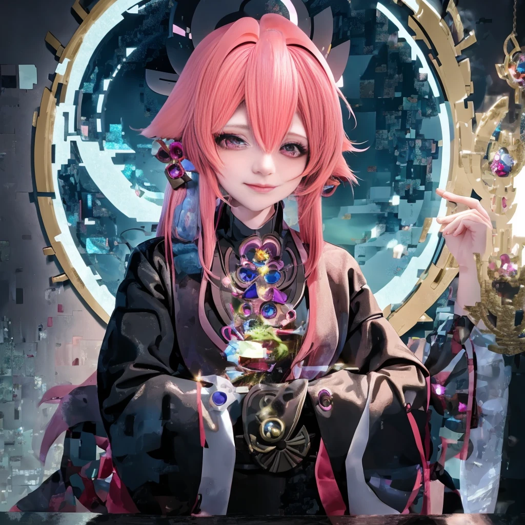 Anime girl with pink hair and a black cloak sitting at a table, portrait of a mage, alchemist girl, best anime 4k konachan wallpaper, 女portrait of a mage, beautiful celestial mage, he is in a alchemist lab, keqing from genshin impact, flirty anime witch casting magic, a young female wizard, closeup portrait of an mage