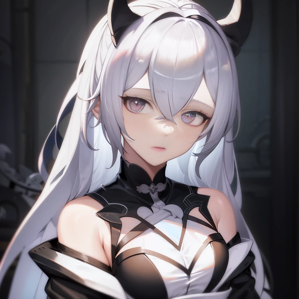 Anime girl with white hair and horns in black and white costume, demon anime girl, from arknights, mika kurai demon, white haired god, White Cat Girl, Official Character Art, Anime girl with cat ears, white horns queen demon, from girls frontline, [[[[grinning evily]]]], Trending on ArtStation pixiv