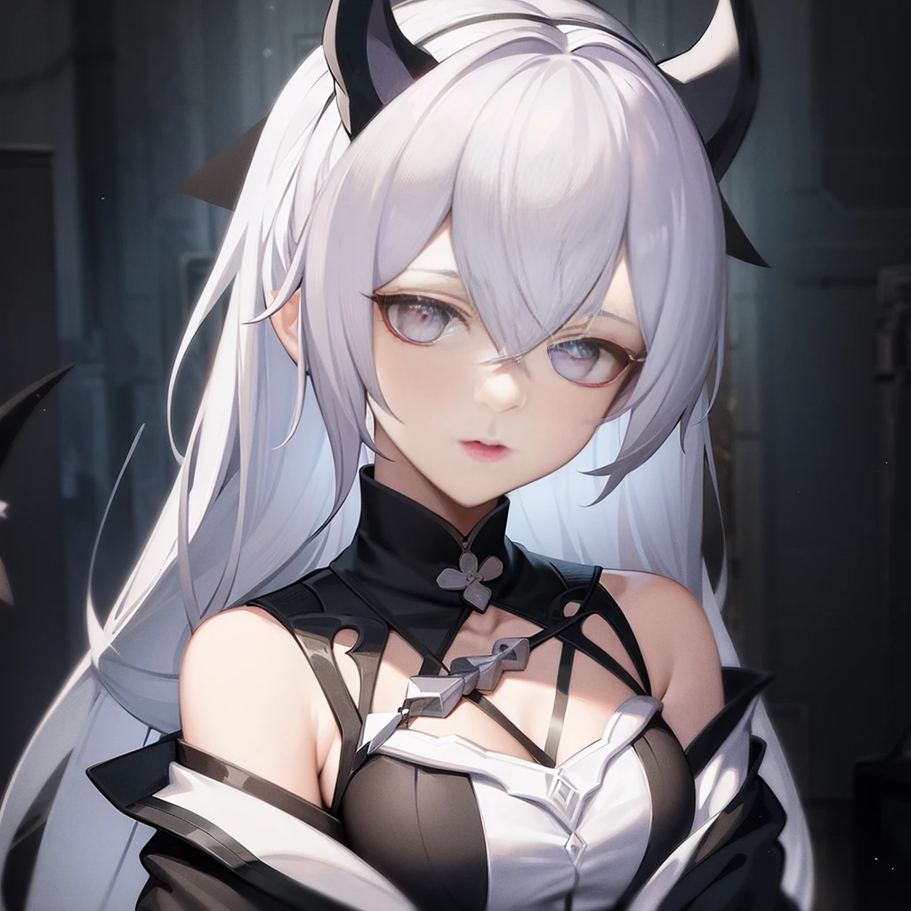 Anime girl with white hair and horns in black and white costume, demon anime girl, from arknights, mika kurai demon, white haired god, White Cat Girl, Official Character Art, Anime girl with cat ears, white horns queen demon, from girls frontline, [[[[grinning evily]]]], Trending on ArtStation pixiv