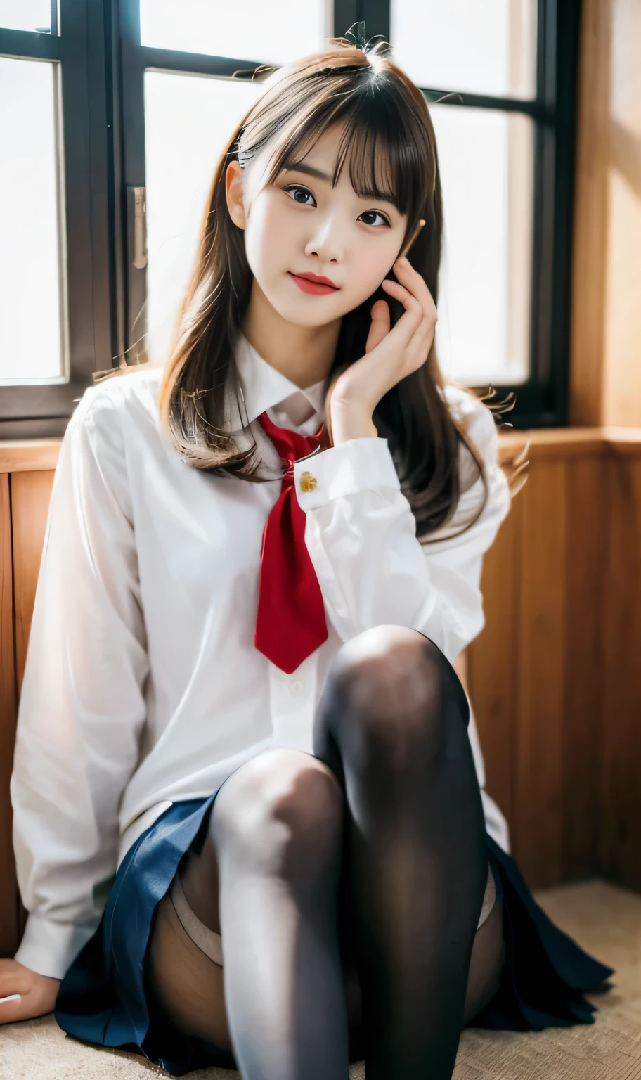 ulzzang-6500-v1.1, (raw photo:1.2), (photorealistic:1.4), beautiful detailed girl, very detailed eyes and face, beautiful detailed eyes, ridiculous, incredibly ridiculous, huge file size, super detailed, high resolution, very detailed, best quality, masterpiece, kemomimi, ((Japanese girls' high school uniform)), illustration, very detailed, CG, unified, 8k wallpaper, amazing, Fine details, masterpiece, best quality, very detailed CG uniform 8k wallpaper, light on face, cinematic lighting, 1girl, , ((no panties)), ((dynamic pose))), (camel toe), (half), (pantyhose), (knee-bending leg sitting))