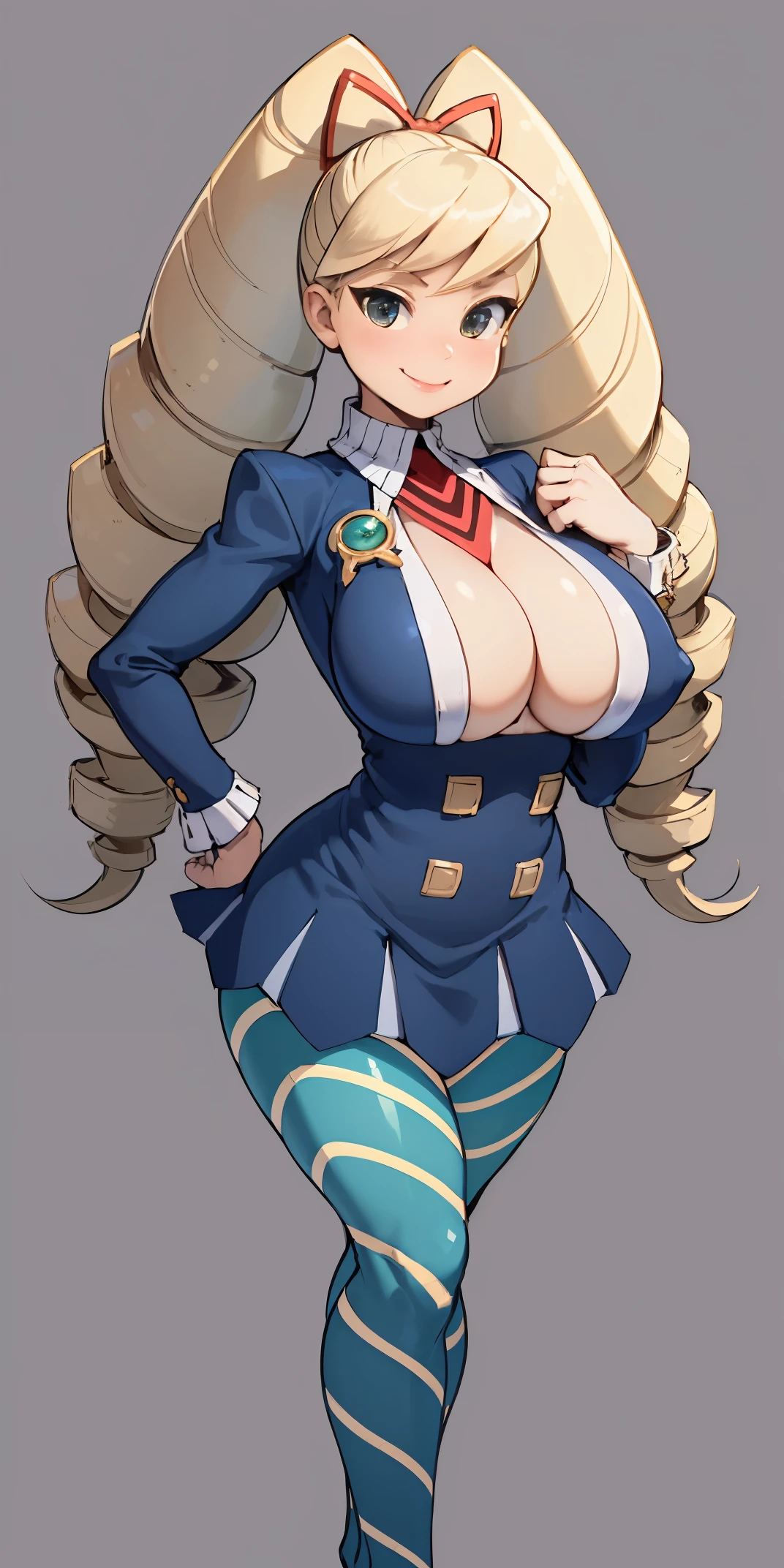 full body standing straight symmetrical, huge boob(masterpiece, best quality:1.2), cowboy shot, solo, 1MILF, mmplatz, smile, looking at viewer, hands on hips, twintails, twin drills, dress, blue pantyhose, striped pantyhose, Handcuffs on their hands, With a collar around the neck