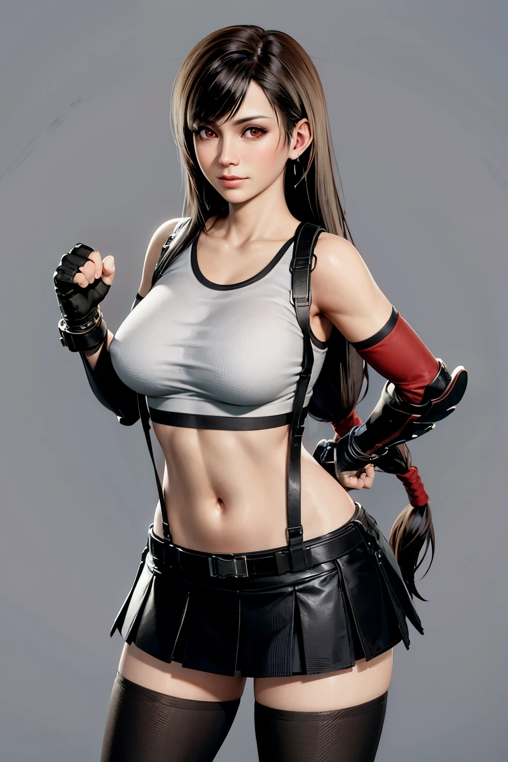 GAME_tifalockheart_aiwaifu,aiwaifu,suspenders,tifa lockhart,crop top,elbow gloves,fingerless gloves,gloves,long hair,tank top,black hair,midriff,black skirt,skirt,low-tied long hair,suspender skirt,thighhighs,black thighhighs,earrings,jewelry,black gloves,large breasts,miniskirt,sports bra,zettai ryouiki,bare shoulders,red eyes,navel,shirt,elbow pads,white tank top,lips,brown eyes,adjusting clothes,adjusting gloves,taut clothes,belt,chain,collarbone,shorts,stomach,thighs,arm guards,black pantyhose,pantyhose,pleated skirt,very long hair,masterpiece,best quality,ultra detailed, highres,incredibly_absurdres,8k, perfect lighting,highly detailed,scenery,pose,straight-on,solo,looking at viewer