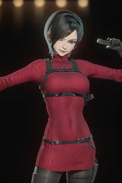 Ada Wong, Red sweater, Police webbing, black hair, asian, black leggings