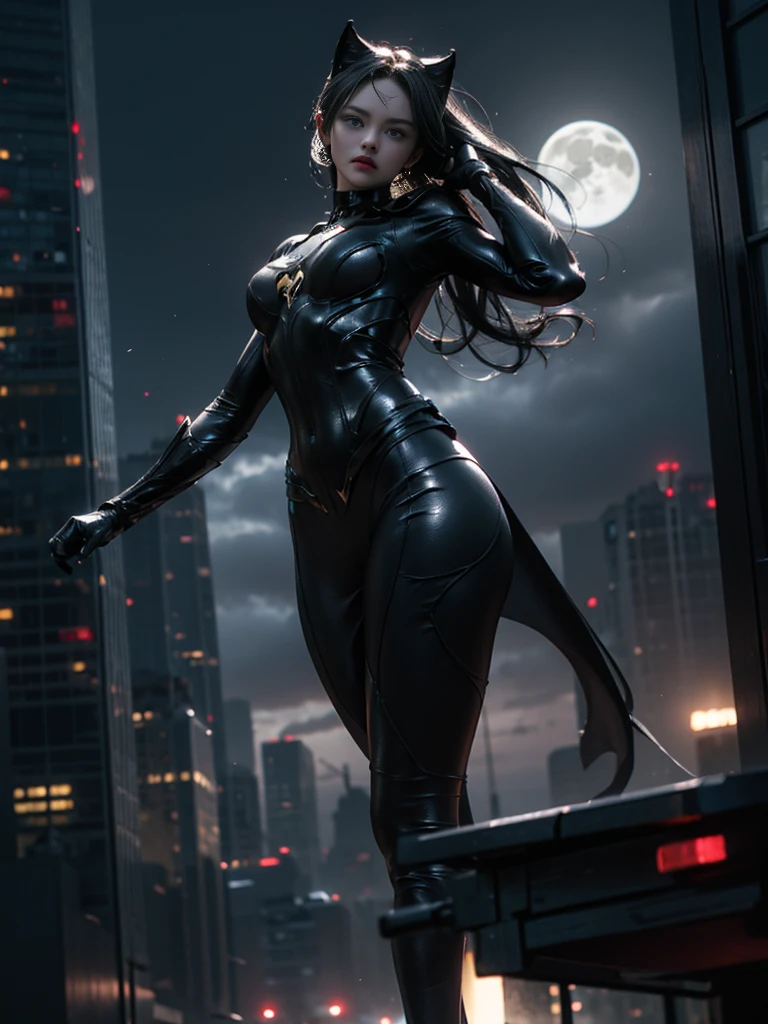 (masterpiece、4K分辨率、Surreal、The is very detailed)、(Black superhero theme、carismatic、There&#39;s a girl in a Catwoman costume over the town、She's a superhero)、 [((25 age old)、(Long gray hair:1.2)、FULL-BODY ESBIAN、(eBlue eyes:1.2)、((Catwoman pose)、Show strength、jump from one building to another)、((Sandy environment):0.8)|(view over city、natta、Dinamic Light)、(moon full)]#clarify:The tips are mainly in Ultra HD、Very real、Describes hThe is very detailed 4K paintings。A superheroine in a Catwoman costume appears on top of the city。Photo theme is black superhero theme。(((posterior view))), wide lens shot, neonlight, (((Shoot from below))),