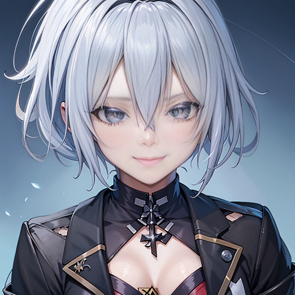 Anime girl with blue hair and red eyes wearing a black jacket, portrait gapmoe yandere grimdark, anime moe art style, roguish smirk, from girls frontline, Stunning anime face portrait, detailed anime character art, anime character portrait, Portrait of a female anime hero, portrait knights of zodiac girl, rogue anime girl ayanami rei, neferpitou