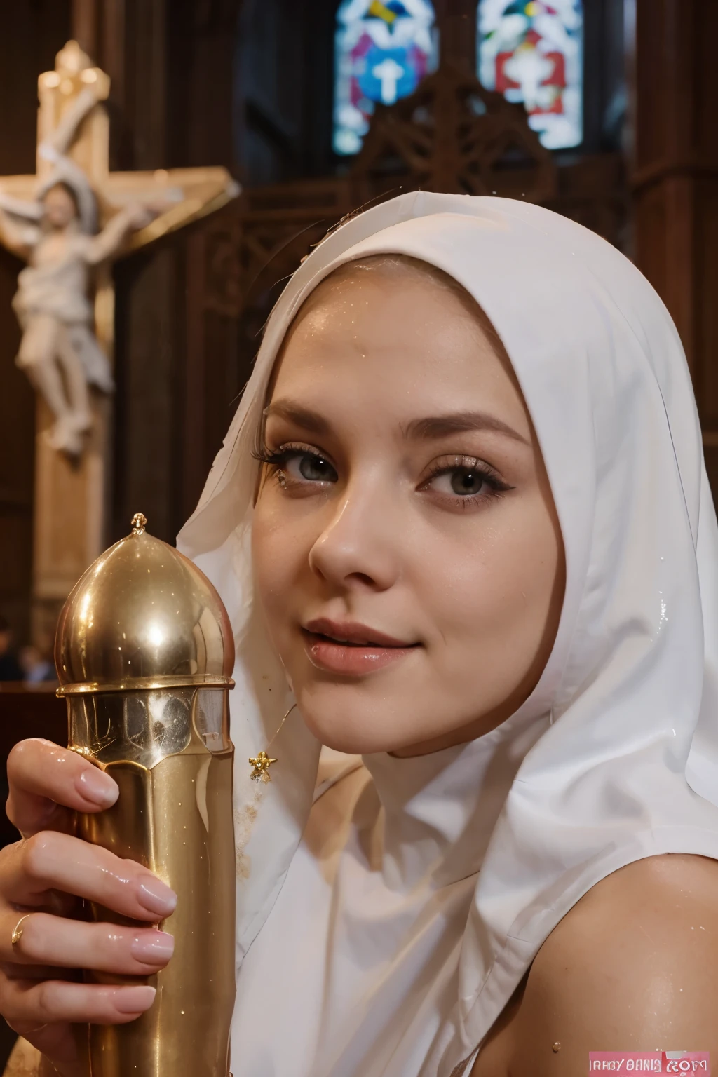 nympho Polish slavic pink haired sharp makeup girl as nun in church, tattoed and pierced, wet in milk and honey, vaginal insert banana dildo fetish