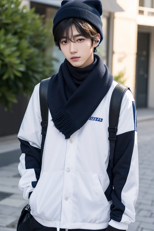 Minwoo is a young Korean man of approximately 17 years old., with an average height and slim build. Su cabello es de un negro profundo y tiene mechones de un tono azabache que caen desordenadamente sobre su frente. Sus ojos almendrados son de un color avellana intenso, and always express curiosity and determination.
Viste un uniforme escolar moderno, con un toque personalizado. Prefiere tonos oscuros, como azul marino y negro, y suele llevar una bufanda ligera que resalta su sentido de la moda. Minwoo also uses wireless headphones, highlighting his love for music.