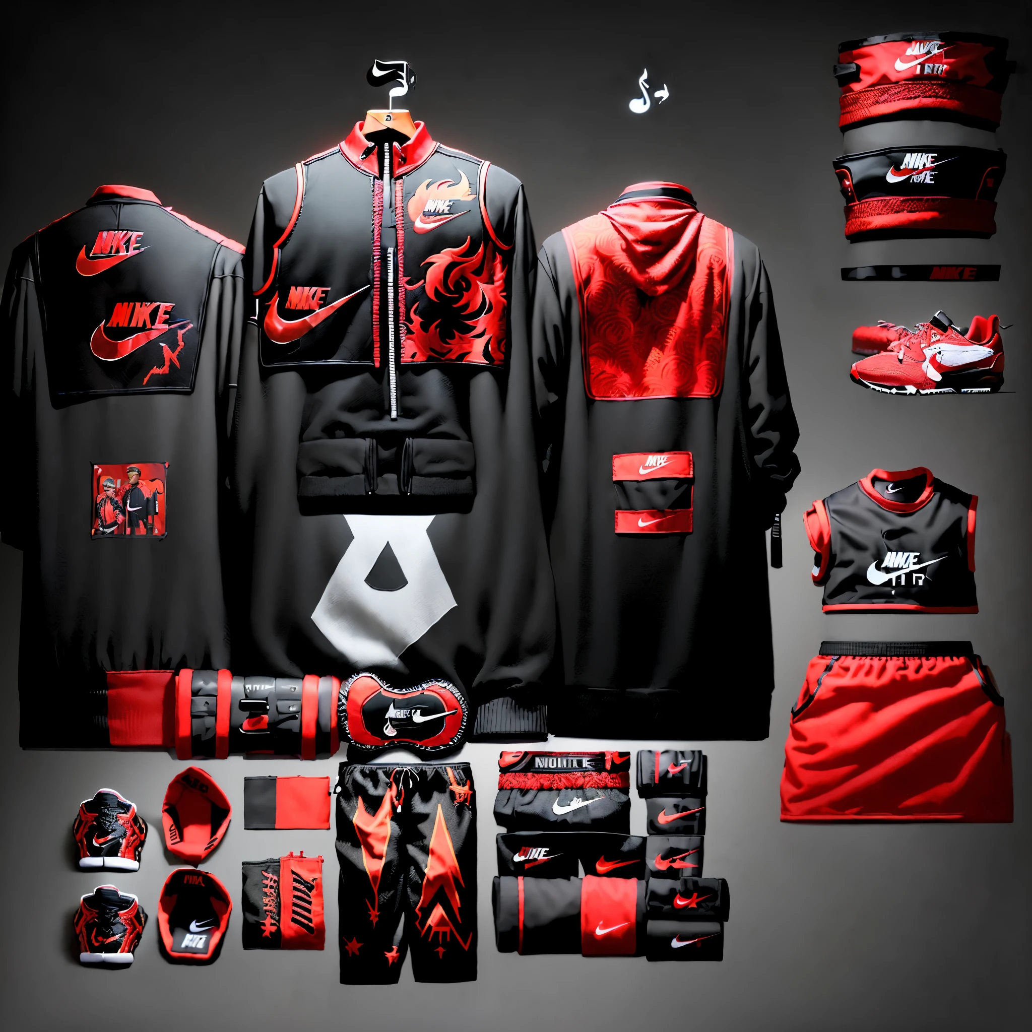 ((nike clothing styling)), ((PIMP CLOTHING STYLINg), ((mUSICIAN CLOTHING STYLING)), ((RED AND BLACK AESTHETIC), FLAMES, clothing and accessories, highly detailed panel cuts,  HIPHOP STYLING, highly detailed clothing, clothes high detail, complete detailed body, very detailed and rich clothing