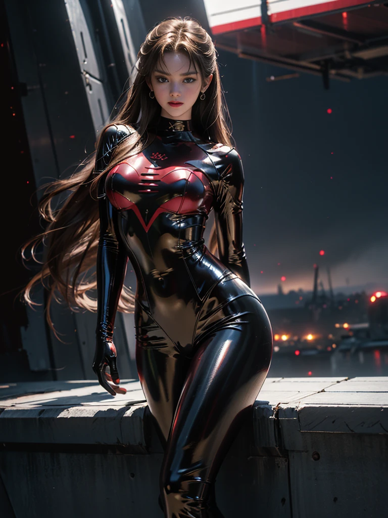 tmasterpiece,8K,3D,(actual),ultra fine photography,Best quality at best,offcial art,Real reality,rays of sunshine,vivd colour,rays of sunshine,Theater lighting,(((1人の女性)))25 age old,tall,petty face,(perfect proportion body:1.3)),(From the bottom:1.1), Arm cross posture,standing on your feet,,((Suyoska Langley,Suyoska Langley, Plug set 02:1.0),((eBlue eyes,pretty face,pretty eyes))), pretty face, Moist eyes, glowing light eyes, detailface, Detail lips, detailedeyes, (Thin, pointed pale eyebrows, Long eyelashes, Long lower lashes), 二重まぶた, sulky look, realistic skin textures, Visible Pore, lusty smile, A gentle look, Fleeting expressions, Slim and muscular, (high-leg swimsuit: 1.0), ssee-through: 0.9, Lean and muscular, (Dark red rubber set,The metallic luster is strong,表面lisses), (Dark red latex suit sexy tight metallic luster), Crimson jumpsuit sparkles like a mirror, Beautiful female hands,Wearing red tight latex gloves, (Strong metallic black skin-tight latex on inner arminely rounded metal silver large connection terminals under the chest: 1.1), Large metal and silver connection terminals with precision round shoulders: 1.1, Two wide pieces of black latex from thigh to buttocks, standing on your feeting on the realistic and detailed battleship deck, Dynamic and realistic sea background: 1.1, Dynamic and realistic clear sky, 强烈的rays of sunshine: 1.1, Solitude, Be red in the face, is shy, TO8 comparison styles, (lisses), Delicate clothing wrinkles, beautiful light brown hair, SLR camera, XT3, Focus sharp: 1.0, maximum definition and sharpness, Accurately simulate the interaction of light and matter,