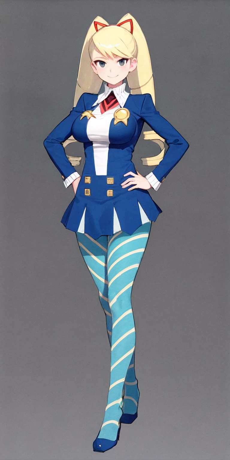 full body standing straight symmetrical, huge boob(masterpiece, best quality:1.2), cowboy shot, solo, 1MILF, mmplatz, smile, looking at viewer, hands on hips, twintails, twin drills, dress, blue pantyhose, striped pantyhose, Handcuffs on their hands, With a collar around the neck