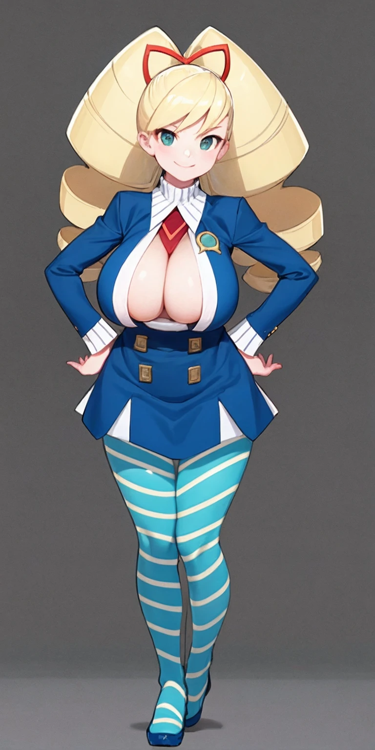 full body standing straight symmetrical, huge boob(masterpiece, best quality:1.2), cowboy shot, solo, 1MILF, mmplatz, smile, looking at viewer, hands on hips, twintails, twin drills, dress, blue pantyhose, striped pantyhose, Handcuffs on their hands, With a collar around the neck