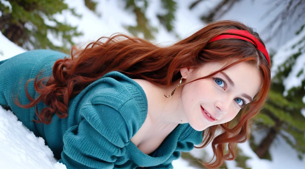 Pretty woman, similar to Amouranth,cute,huge natural breasts, red hair curly/flowing, detailed dark BLUE eyes and face, not to skinny, naughty smile, make it ultra-realistic, western european girl, in the snow in the mountains, clothing colour needs to be anything but green, extremely detailed blue eyes, extremely long wavy red hair, extremely long hair, extremely detailed blue eyes, huge drop earrings, slight smile, naked ass
