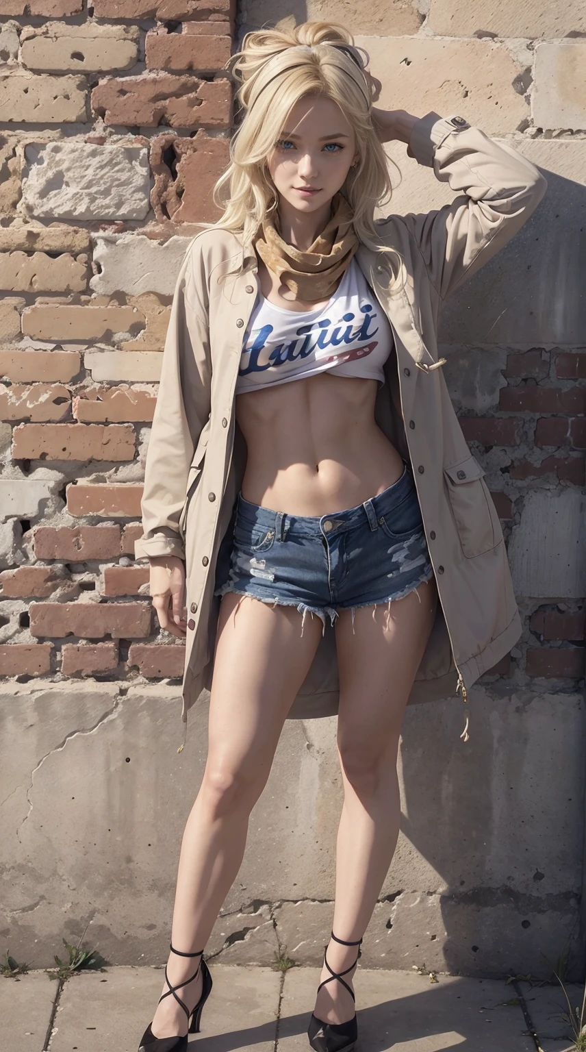 24-year-old Caucasian woman、Hair color is blonde、Eye color is blue、Longhaire、A slender、I'm wearing a bandana on my head、a smile、Beautiful breasts、My abs are cracked、I can see the navel、She is wearing a T-shirt that shows her underboob、I'm wearing a miniskirt、Wearing a jacket、I put my hand in my jacket pocket、I'm wearing pin heels、I'm in front of an old brick wall、Frontal perspective、sunlight pours down from above、Wearing a scarf around your neck