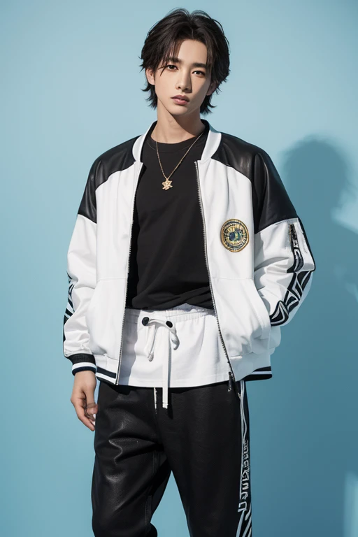Minwoo has adopted an aesthetic style that reflects his love for music and his vibrant personality.. Su atuendo sigue siendo moderno y elegante, but now it has distinctive touches that make it stand out even more.

Parte superior:

Minwoo lleva una chaqueta bomber de terciopelo en color azul oscuro, con detalles bordados de notas musicales en dorado en la espalda.
Debajo de la chaqueta, wears a black t-shirt with a minimalist design of a stylized vinyl.
Parte inferior:

Lleva unos pantalones negros ajustados con detalles rasgados y una cadena dorada que cuelga de uno de los bolsillos.
Completa el conjunto con unas zapatillas deportivas blancas con detalles dorados.
Accesorios:

Minwoo lleva una bufanda negra y azul marino, pero ahora tiene bordados de partituras y notas musicales en dorado.
Usa pulseras de cuero negro y dorado en una mano, mientras que en la otra lleva un reloj elegante.