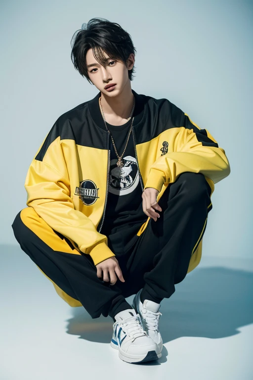 Minwoo has adopted an aesthetic style that reflects his love for music and his vibrant personality.. Su atuendo sigue siendo moderno y elegante, but now it has distinctive touches that make it stand out even more.
Parte superior:
Minwoo lleva una chaqueta bomber de terciopelo en color azul oscuro, con detalles bordados de notas musicales en dorado en la espalda.
Debajo de la chaqueta, wears a black t-shirt with a minimalist design of a stylized vinyl.
Parte inferior:
Lleva unos pantalones negros ajustados con detalles rasgados y una cadena dorada que cuelga de uno de los bolsillos.
Completa el conjunto con unas zapatillas deportivas blancas con detalles dorados.
Accesorios:
Minwoo lleva una bufanda negra y azul marino, pero ahora tiene bordados de partituras y notas musicales en dorado.
Usa pulseras de cuero negro y dorado en una mano, mientras que en la otra lleva un reloj elegante.