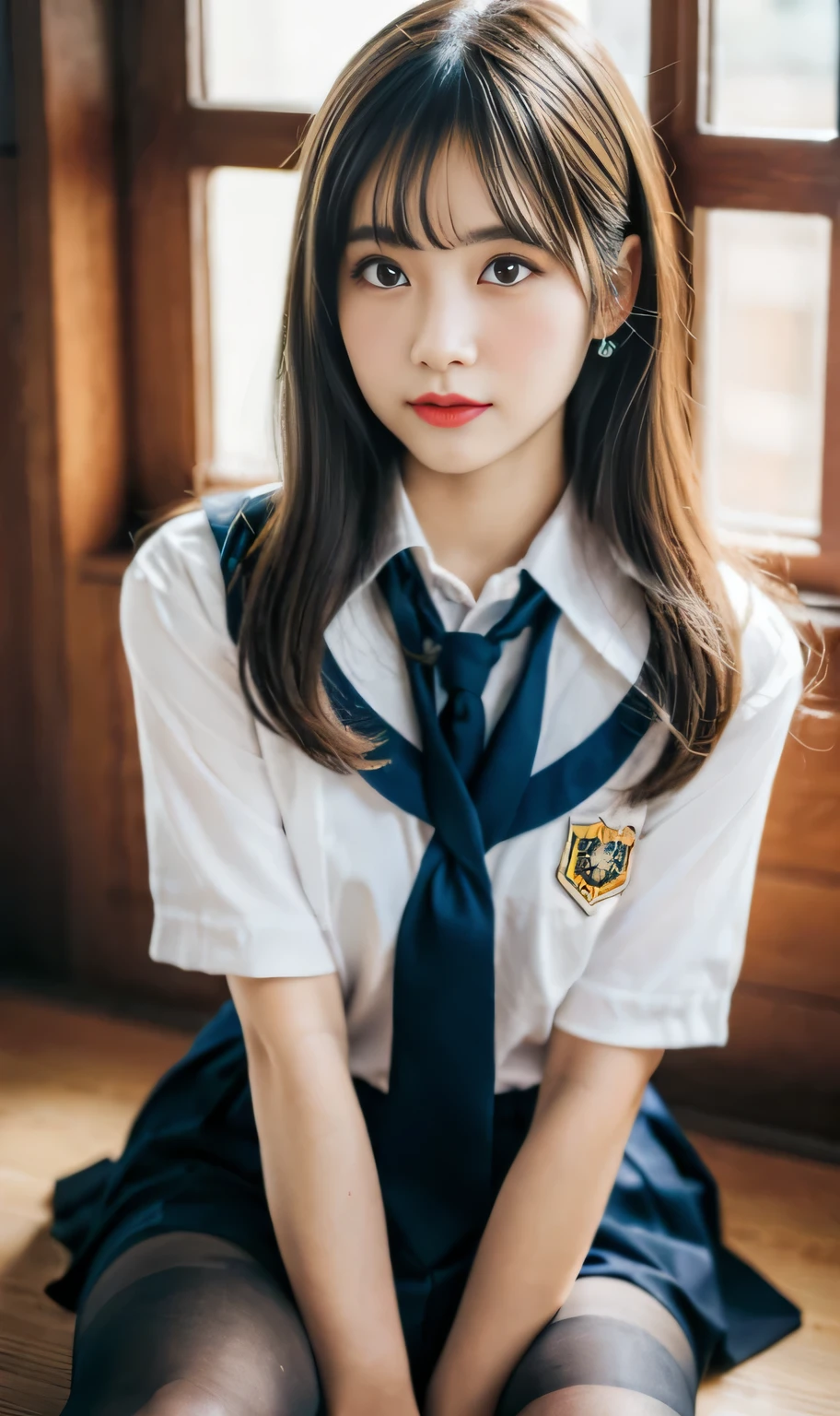 ulzzang-6500-v1.1, (raw photo:1.2), (photorealistic:1.4), beautiful detailed girl, very detailed eyes and face, beautiful detailed eyes, ridiculous, incredibly ridiculous, huge file size, super detailed, high resolution, very detailed, best quality, masterpiece, kemomimi, ((Japanese girls' high school uniform)), illustration, very detailed, CG, unified, 8k wallpaper, amazing, Fine details, masterpiece, best quality, very detailed CG uniform 8k wallpaper, light on face, cinematic lighting, 1girl, , ((no panties)), ((dynamic pose))), (camel toe), (half), (pantyhose), (knee-bending leg sitting))