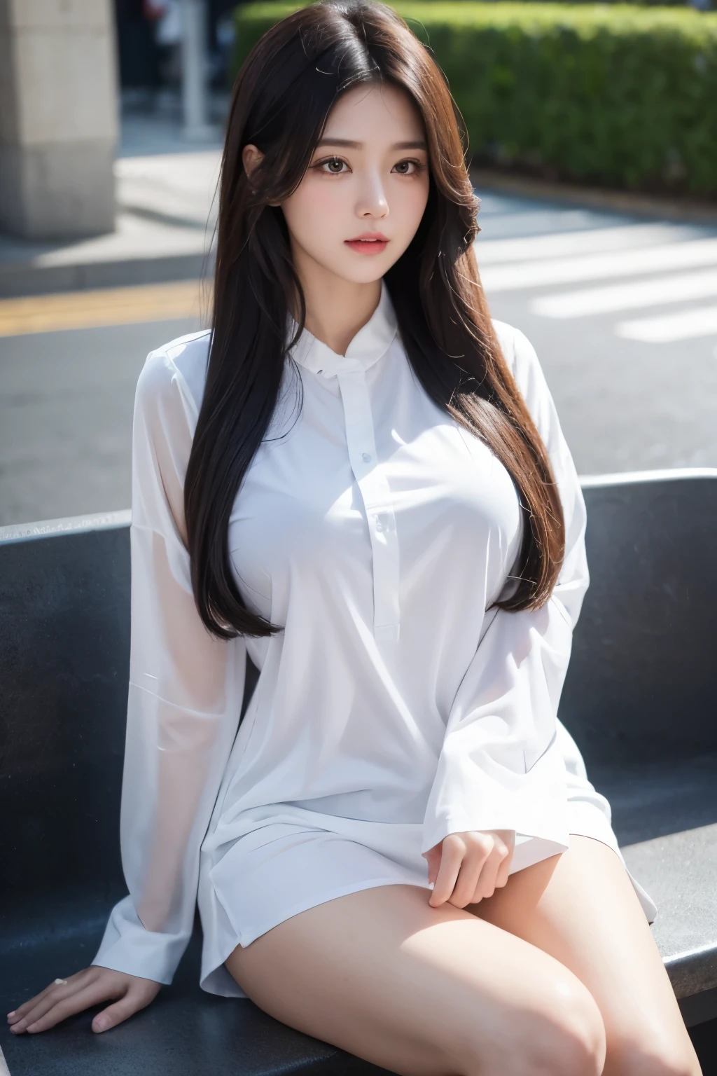 ((Best quality, 8K, Masterpiece :1.3)), Whole body,（Vision 1:1） A beautiful woman with a perfect figure :1.4,18yr old，Long black hair，((Heavy bust drapes)), ((A long-sleeved translucent shirt that covers the whole body1:1，cannot be exposed 1.5)),(Sitting on a stone bench on the street:1.1), 二重まぶた，full pouty lips：1.2，slightly fat big breasts：1.1